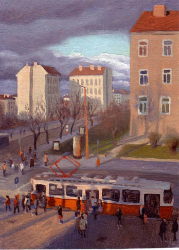 olajfestmény budapesti városkép, zugló, herminamező thököly út